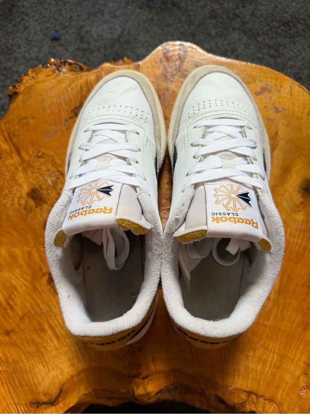 Reebok Men’s White Leather Sneakers with Navy & Yellow Accents